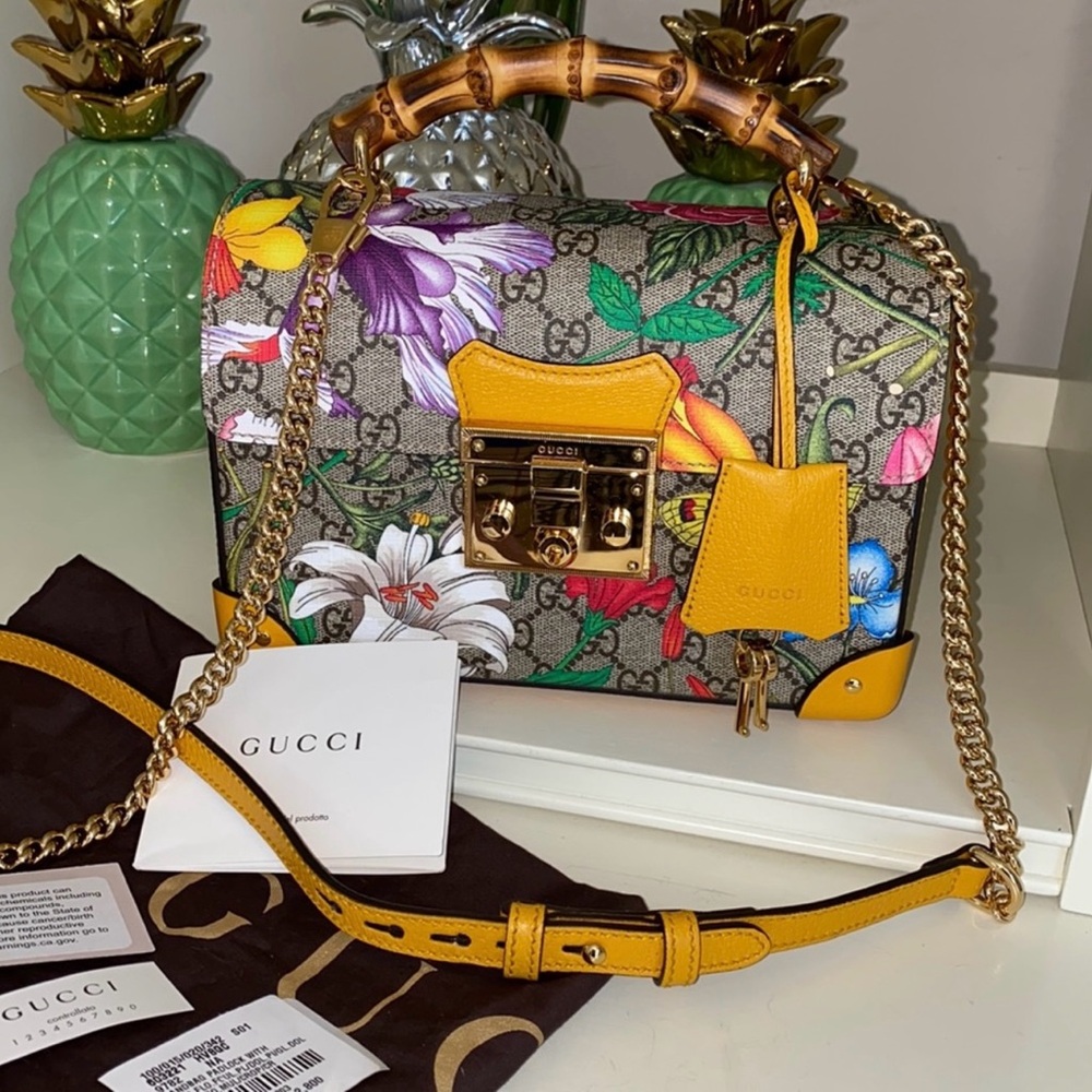NWT Gucci Multicolor Small GG Flora Bamboo Padlock Bag - Picture 11 of 11